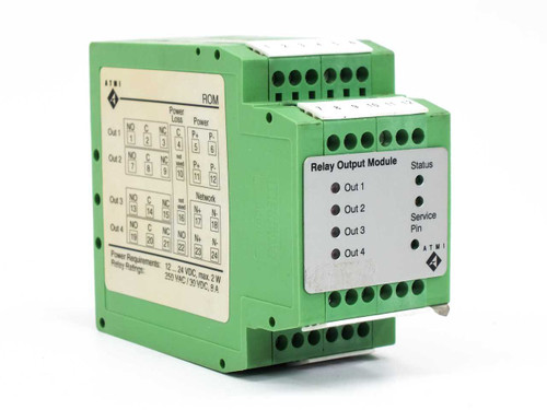ATMI 9660-0110 Relay Output Module – front panel view showing 4 output indicators (Out 1–4), Status and Service Pin LEDs, and terminal wiring diagram label