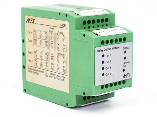 MST 9660-0110 Relay Output Module – front and top view showing terminal wiring diagram label, power requirements, relay ratings, and relay output indicators