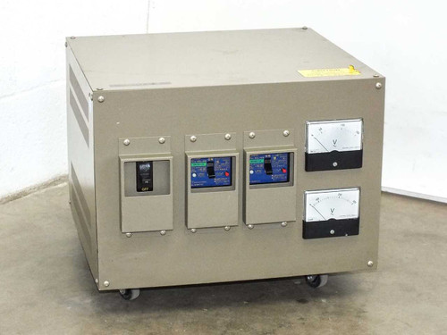 Sanyu Electric industrial power distribution unit front face showing two Mitsubishi NV30-CA circuit breakers and two analog panel voltmeters on casters