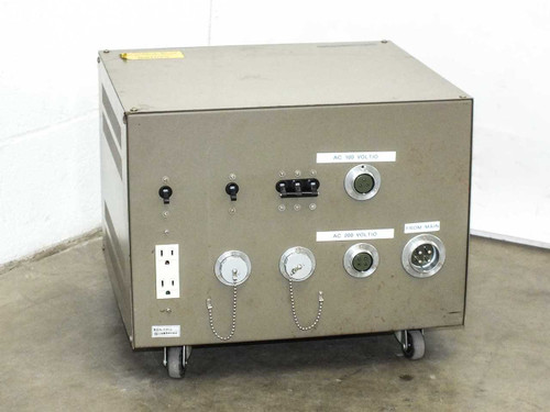 Sanyu Electric AC power distribution unit front panel showing AC 100V and AC 200V circular output connectors, toggle switches, duplex AC outlet, and FROM MAIN input connector