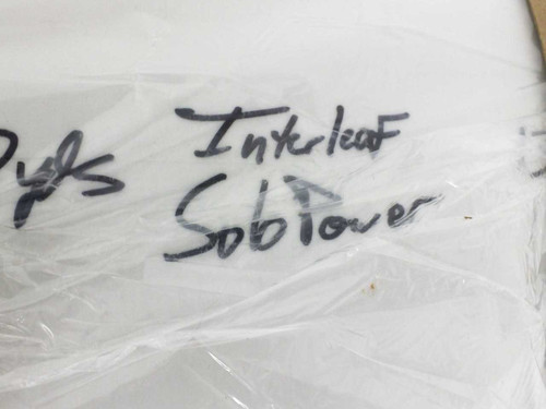 Solopower 6546-Q0N Interleaf Paper Roll — close-up of handwritten label on plastic wrap reading 'Interleaf SoloPower'