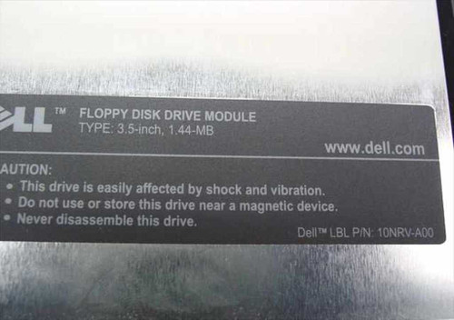 Dell floppy disk drive module label showing TYPE 3.5-inch 1.44MB and label part number 10NRV-A00