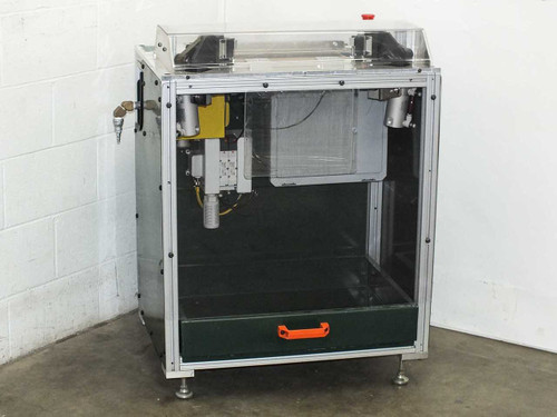 Custom plastic sheet corner trimmer full front view – aluminum extrusion frame, green catch drawer, pneumatic cylinders visible overhead