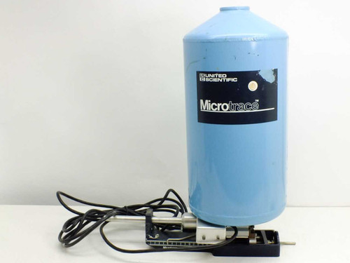 United Scientific 10844 Microtrace EDS spectrometer — three-quarter view showing full assembly with detector housing, probe, and cable