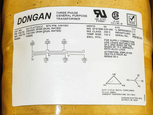 Dongan 83-75-6750CC transformer nameplate label showing model, kVA, voltage, impedance, insulation class, duty cycle, and wiring diagram