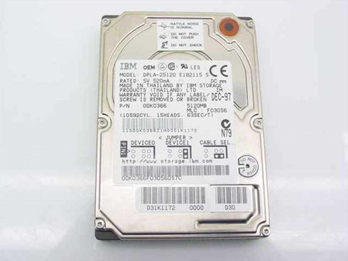 IBM DPLA-25120 2.5-inch IDE laptop hard drive – top label view showing model, part number 0K0366, 512MB capacity, and jumper configuration diagram