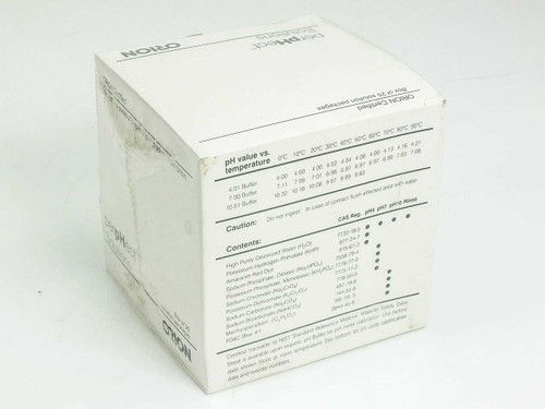 Orion perpHect Buffer 7 box rear panel showing pH value vs. temperature table, caution notice, and full contents list with CAS registry numbers
