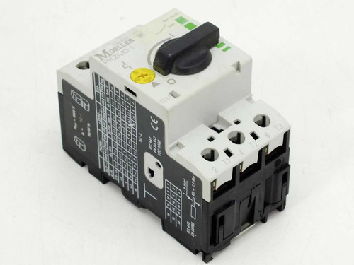 Moeller PKZM0-1 manual motor protector circuit breaker – front-left 3/4 view showing rotary handle and terminal blocks
