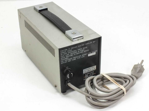 Hitachi AP-60U AC Power Adaptor rear-left angle view showing ventilation slots, fuse holder, caution label, and AC power cord