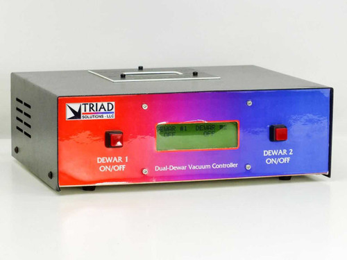 Triad Solutions LLC Dual-Dewar Vacuum Controller Rev 3.2 — front panel view showing Dewar 1 and Dewar 2 ON/OFF buttons and LCD status display