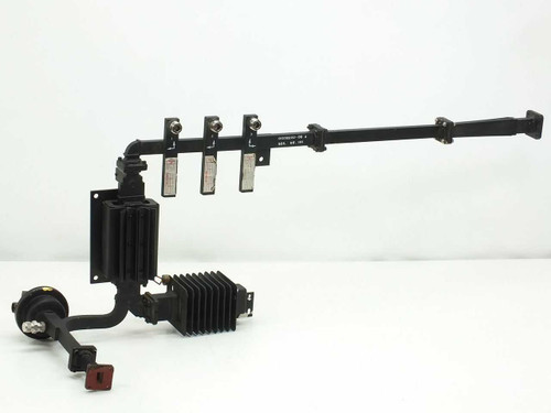 Varian VUU-8537 Ku C Band waveguide dummy load assembly — full right-side view showing flex-guide, heatsink termination, and coupler bar
