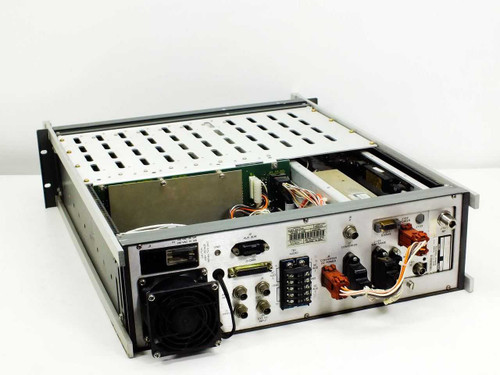 Scientific Atlanta 7550A Up-Converter rear panel and open chassis view showing power supply, cooling fan, rear connectors, orange wiring harness, and BNC inputs