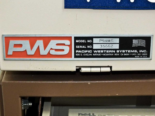 PWS P5NMS model plate showing Model No. P5NMS, Serial No. 35662, Pacific Western Systems Inc., Mountain View CA — Made in USA