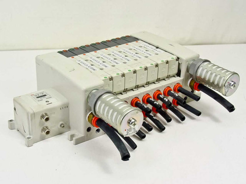 SMC EX250-SDN1 DeviceNet valve manifold full assembly — front-left view showing 9 solenoid valve stations, NAN500-N06 silencers, and M12 fieldbus junction box