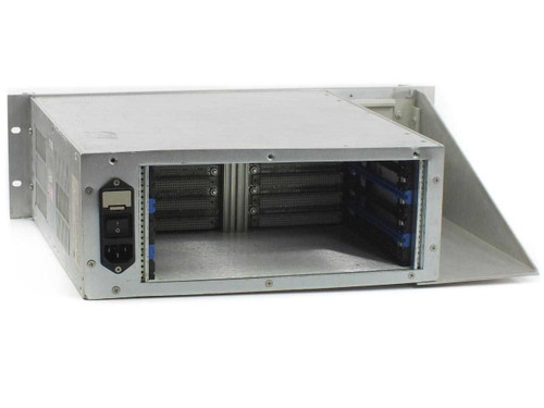 Brooks Automation Techware 5 chassis interior rear view showing empty VME card slots, backplane connectors, and integrated power supply inlet