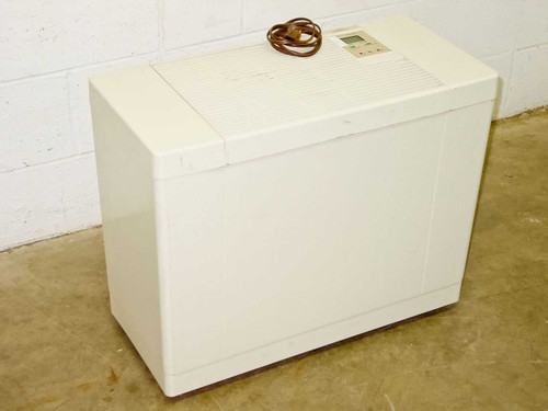 EssickAir Bemis console humidifier front and left side view showing white cabinet and digital control panel on top