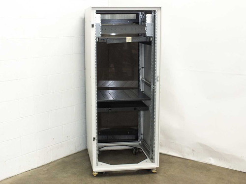 Wright Line 35U rack cabinet with front door open showing interior shelves and pull-out drawer, front view