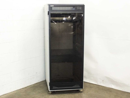 Wright Line 35U rackmount enclosure cabinet on caster wheels — front mesh door closed, full front view