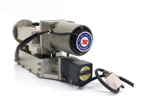 Tung Lee M315-402 variable speed gear motor assembly with Vexta ASM46AK — left side view showing motor body, gear head, and linear slide stage