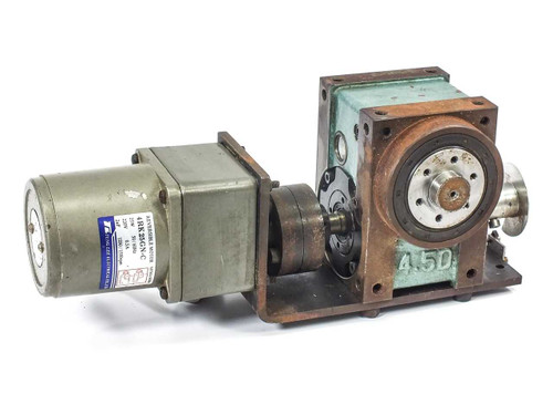 Tung Lee 4RK25GN-C reversible motor mounted to BD-2AA-007-P01-0 indexing drive – right-side view showing motor label and drive output face