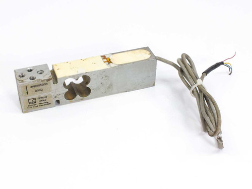 HBM SP4EC3 100kg single point load cell side view showing aluminum body and attached cable with exposed wires