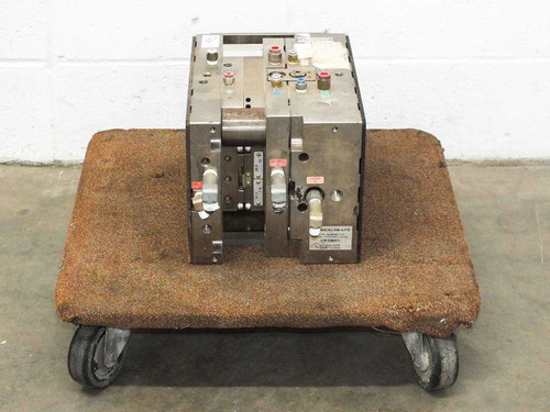 Meiki MDMI DVD CD injection mold tool on moving dolly – front-right angle view showing label and side fittings