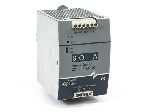 Sola SDN 10-24-100P DIN rail power supply – front panel showing brand label, OK LED, Single/Parallel switch, and UL/CE markings