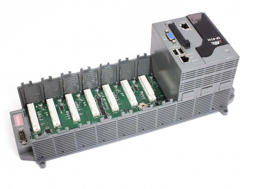 ICP DAS XP-8741 XPAC industrial PC viewed from front-right showing full backplane with all 7 open I/O slots and CPU module
