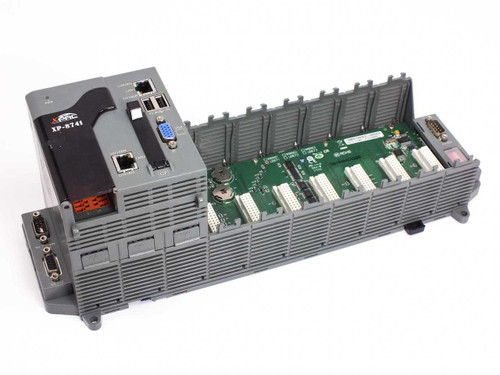 ICP DAS XPAC XP-8741 embedded industrial PC shown from front-left angle with 7-slot I/O backplane open and CPU module attached