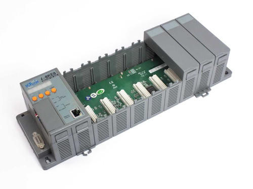 ICP DAS I-8KE8-G Embedded Ethernet I/O Unit PLC with B884 8-slot backplane – front-left view showing controller unit and installed I/O modules