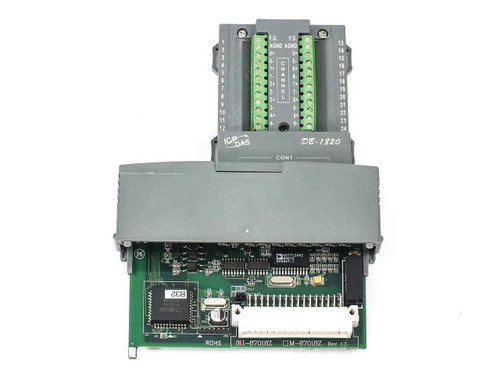 ICP DAS i-87018Z thermocouple input module with DB-1820 daughter board attached — front and PCB view showing ROHS marking and edge connector