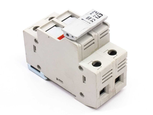ETI VLC10 2-pole fuse holder disconnector rear three-quarter view showing DIN rail mounting clip and terminal connections