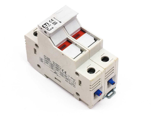 ETI VLC10 2-pole fuse holder disconnector front view showing red fuse carrier windows, blue DIN rail clip, and AC-22B label