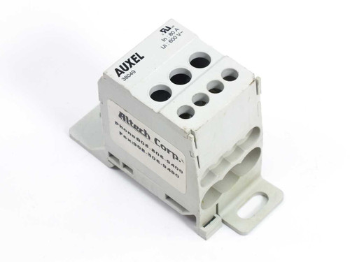 Auxel 38049 power distribution block 600V 80A — front and top view showing 4 output terminals and DIN rail mounting bracket, Altech Corp label visible