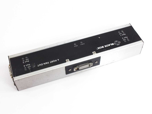 Black Box LE600A 4-Port Fan-Out — angled top/front view showing full chassis with DB-15 connector on one end and port indicator LEDs