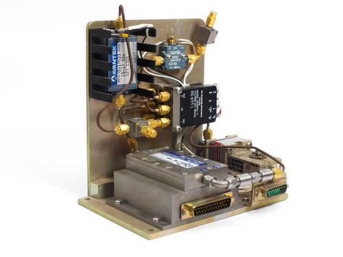 Avantek ATM-18033 RF microwave amplifier assembly — three-quarter front view showing Avantek amplifier module, Narda SPST switch, SMA connectors, and D-Sub interface connector on aluminum chassis
