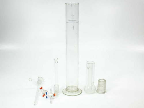 Kontes glass flask body with side arm and frosted ground glass stopper alongside chipped glass insert — detail view