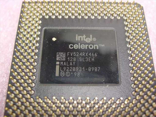 Intel Celeron SL3EH FV524RX466 CPU — top label showing model number, SL3EH stepping, 128KB cache, Malaysia manufacture date 1998