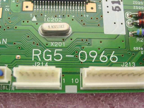 HP RG5-0966 PCB close-up showing part number silkscreen, crystal oscillator 9.9CKSS5KT, IC202, and connector headers J213 and J214