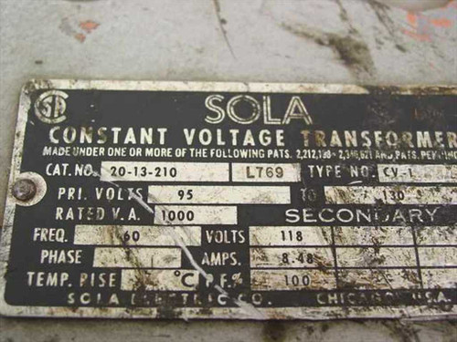 Sola 20-13-210 1:1 95~130 to 118VAC Constant Voltage Transformer 1000 VA - As Is