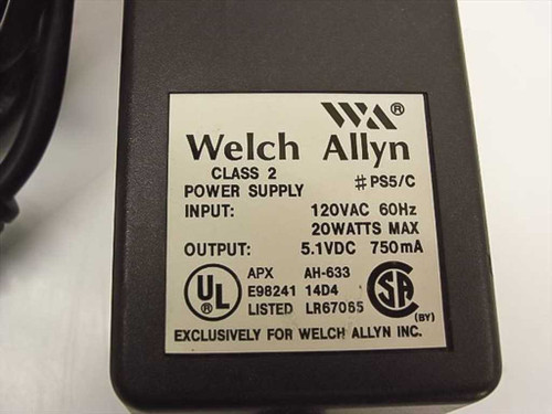 Welch Allyn PS5/C label showing Class 2 Power Supply, 120VAC 60Hz input, 5.1VDC 750mA 20W output, UL and CSA markings