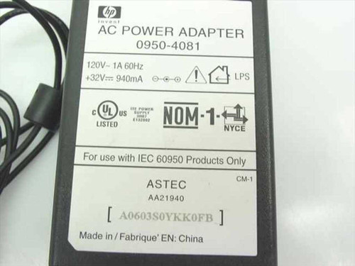 HP 0950-4081 AC Power Adapter label – showing 120V 1A input, +32V 940mA output, ASTEC AA21940, UL/NOM certifications, Made in China
