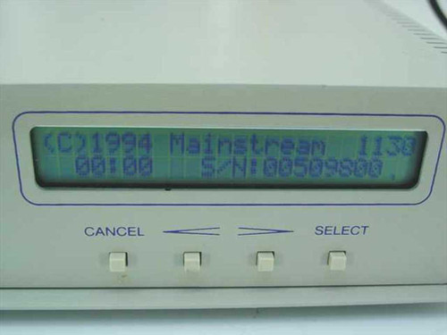 Mainstream Data Satellite IDR II front panel LCD display showing copyright 1994 Mainstream and serial number