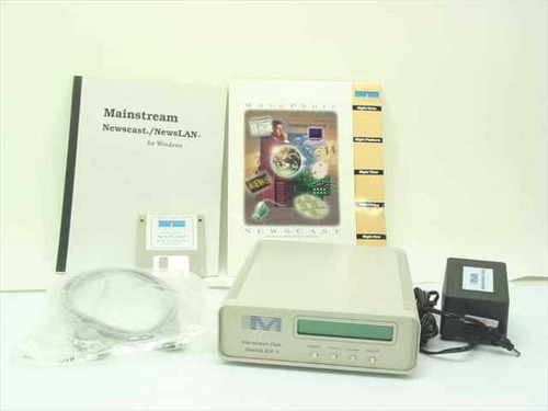 Mainstream Data Satellite IDR II receiver shown with Newscast NewsLAN manual, WavePhore floppy disk, cable, and power supply — complete bundle overview