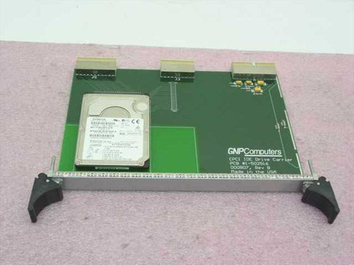 GNP Computers 1-502516 cPCI IDE Drive Carrier Board with Hitachi DK23BA-10 hard drive installed — front view showing board, drive, and ejector handles