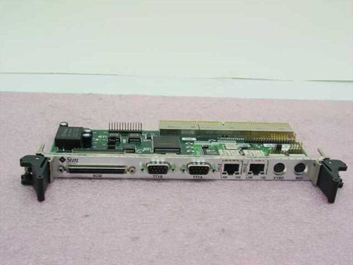 Sun 0-00396 I/O Partner Card front bracket view showing SCSI port, two DB-9 serial ports, dual RJ-45 Ethernet ports, and keyboard/mouse connectors