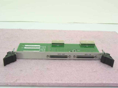 GNP Computers 1-502928 RTM Wide SCSI I/O Board – front panel view showing SCSI-OUT and SCSI-IN DB68 connectors with rack handles