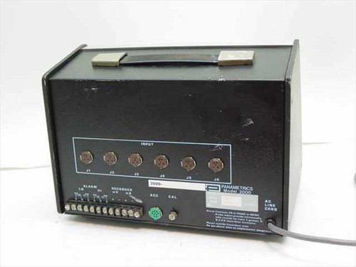 Panametrics Model 2000 Hygrometer — rear panel view showing 6 circular sensor input connectors (J1–J6), alarm terminals, recorder output, ACC, CAL ports, and AC line cord