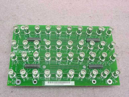 GNP Computers 1-501842 Rev A Demarc BNC Connector PCB Board — front view showing full array of BNC connectors arranged in transmitter and receiver rows