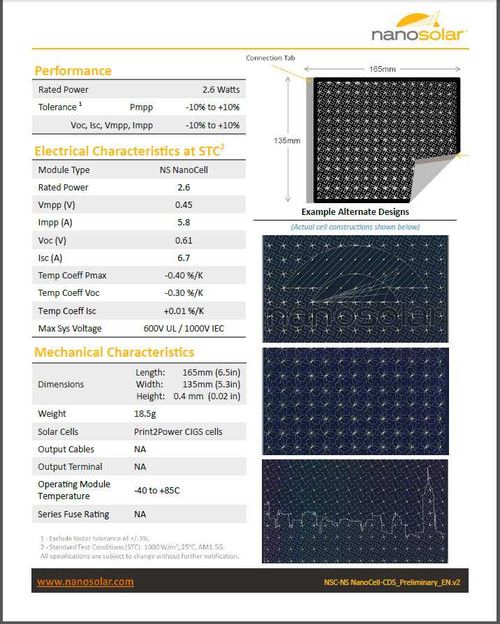 Nanosolar Nanocell 2.6 Watt Lightweight Flexible CIGS Single Solar Cell - 0.45V